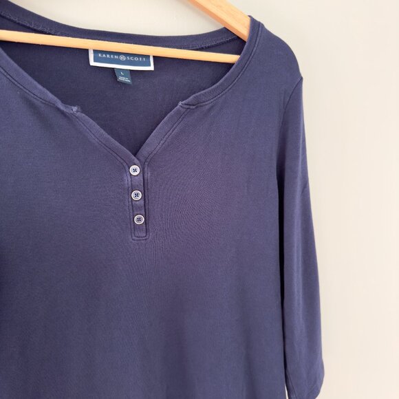 Karen Scott Navy Blue 3-Button 3/4 Sleeve Shirt - Picture 2 of 8
